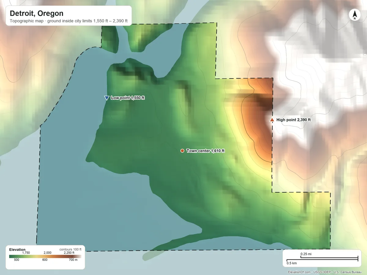 Topographic elevation map of Detroit, Oregon, shaded from 1,550 ft on the northwest side to 2,390 ft on the east edge, below higher ground just outside