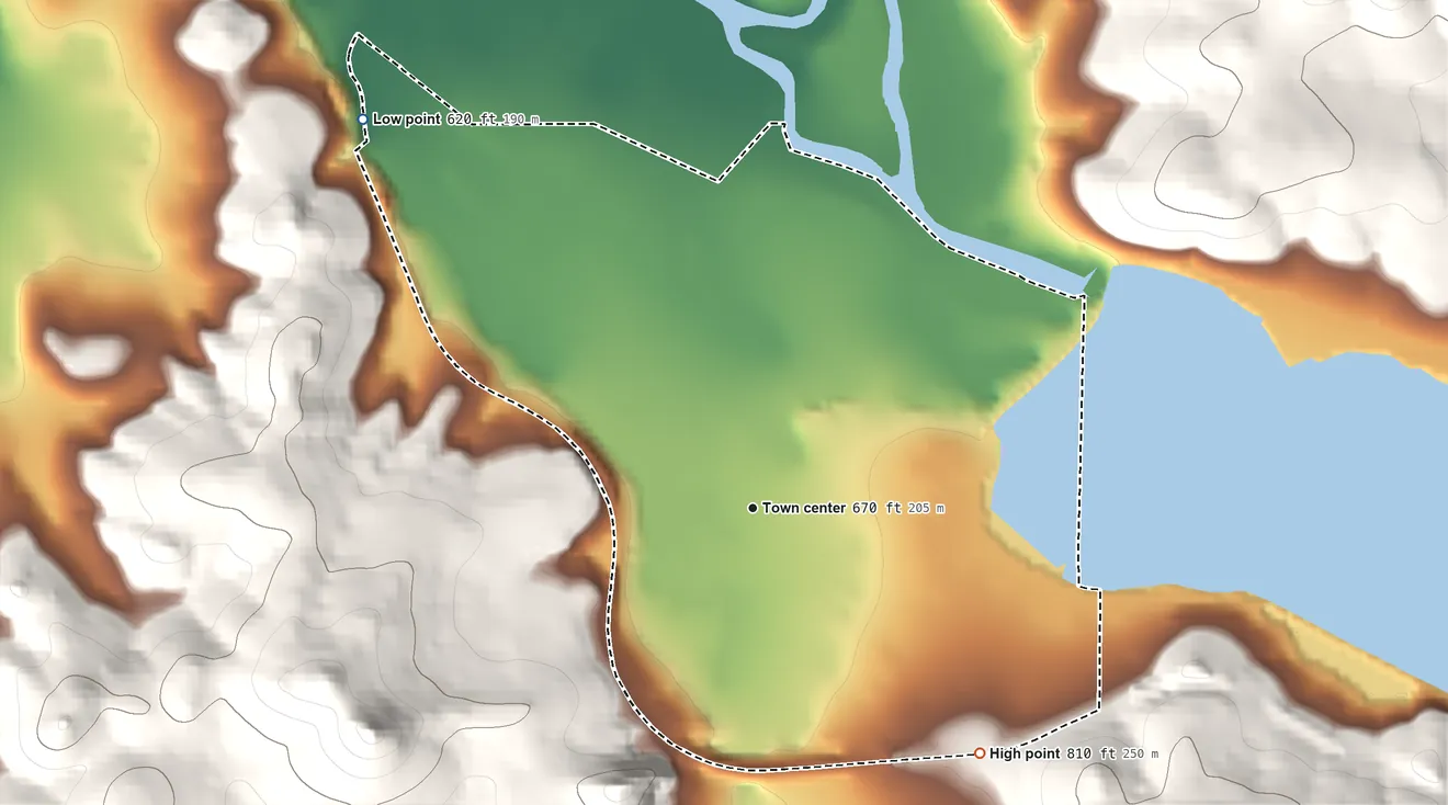 Topographic elevation map of Dexter, Oregon, shaded from 620 ft on the northwest side to 810 ft on the southeast edge, below higher ground just outside