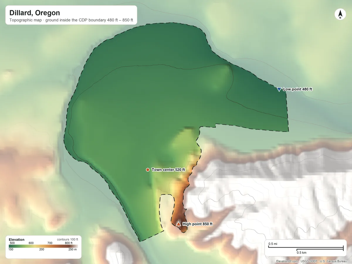 Topographic elevation map of Dillard, Oregon, shaded from 480 ft on the northeast side to 850 ft on the southeast edge, below higher ground just outside