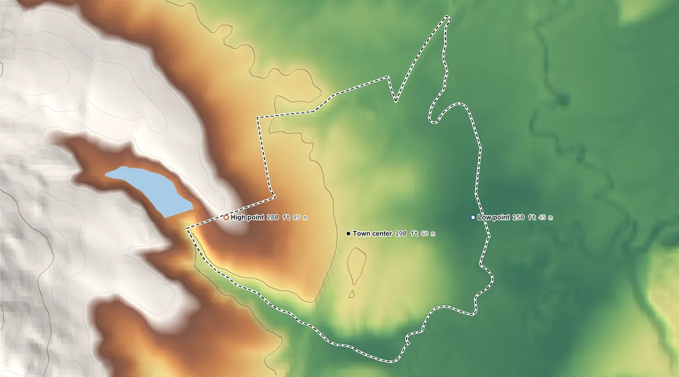 Topographic elevation map of Dilley, Oregon, shaded from 150 ft on the east side to 280 ft at the foot of the Chehalem Mountains