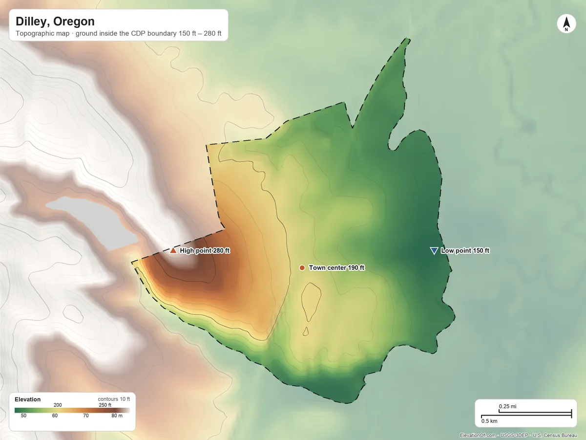 Topographic elevation map of Dilley, Oregon, shaded from 150 ft on the east side to 280 ft at the foot of the Chehalem Mountains