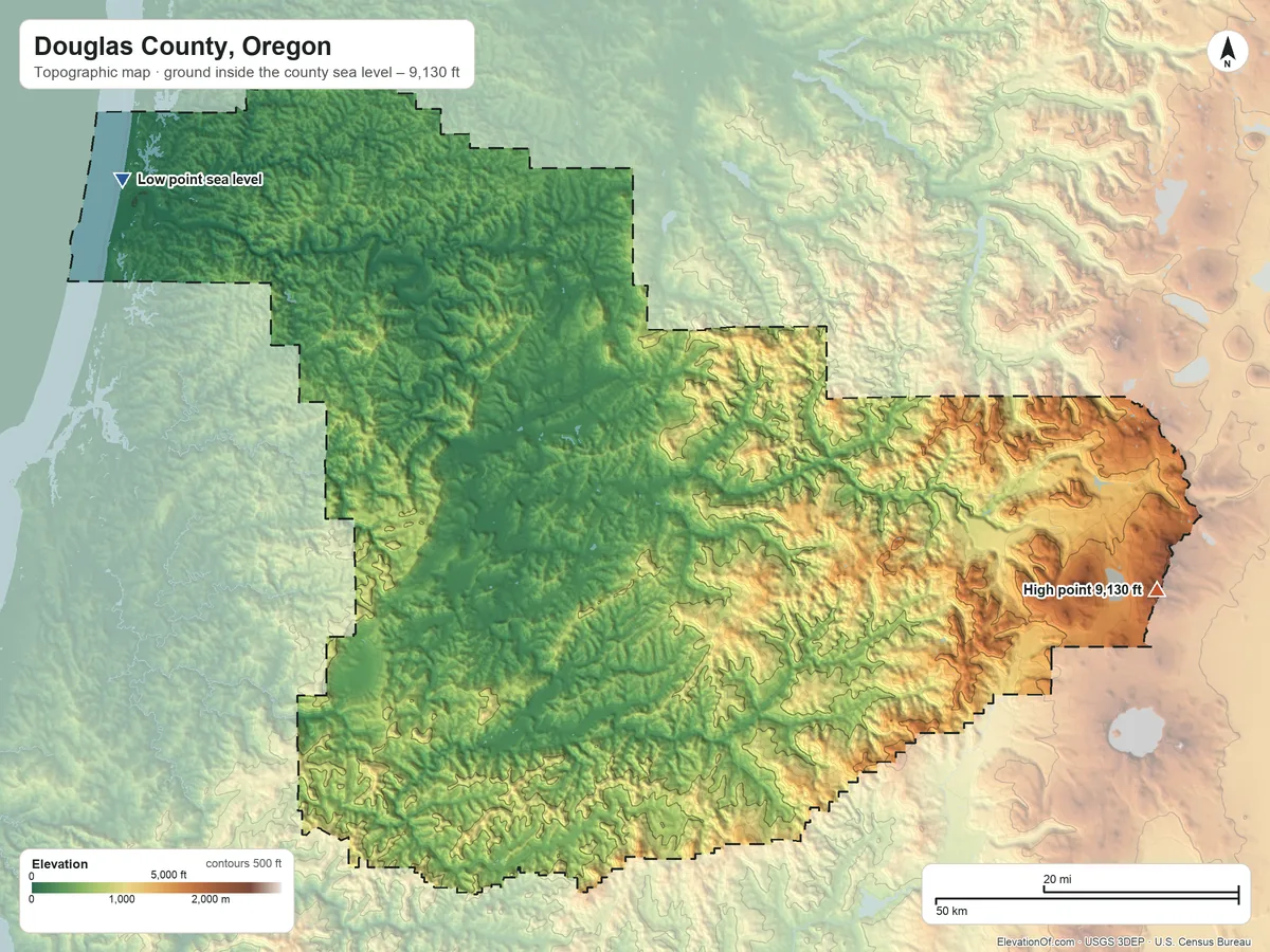 Topographic elevation map of Douglas County, Oregon, shaded from sea level on the Pacific Ocean to 9,130 ft on Mount Thielsen