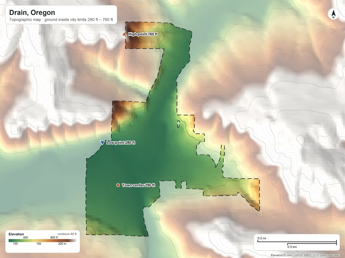 Topographic elevation map of Drain, Oregon, shaded from 280 ft on the north side to 760 ft on the north edge, below higher ground just outside