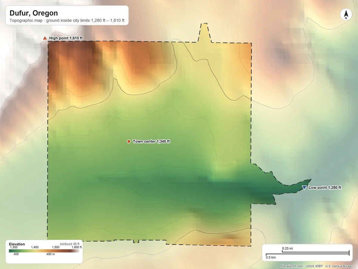 Topographic elevation map of Dufur, Oregon, shaded from 1,280 ft on the east side to 1,610 ft on the northwest side