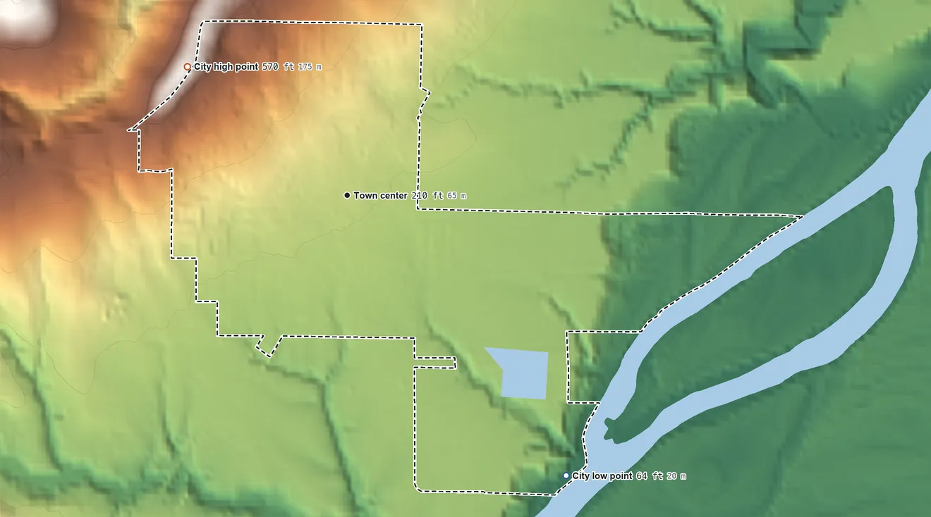 Topographic elevation map of Dundee, Oregon, shaded from 64 ft on the southeast side to 570 ft at the foot of the Red Hills of Dundee