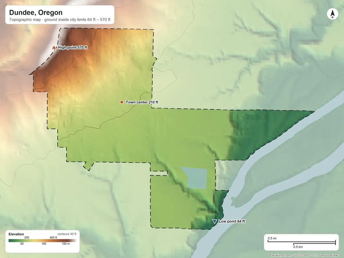 Topographic elevation map of Dundee, Oregon, shaded from 64 ft on the southeast side to 570 ft at the foot of the Red Hills of Dundee