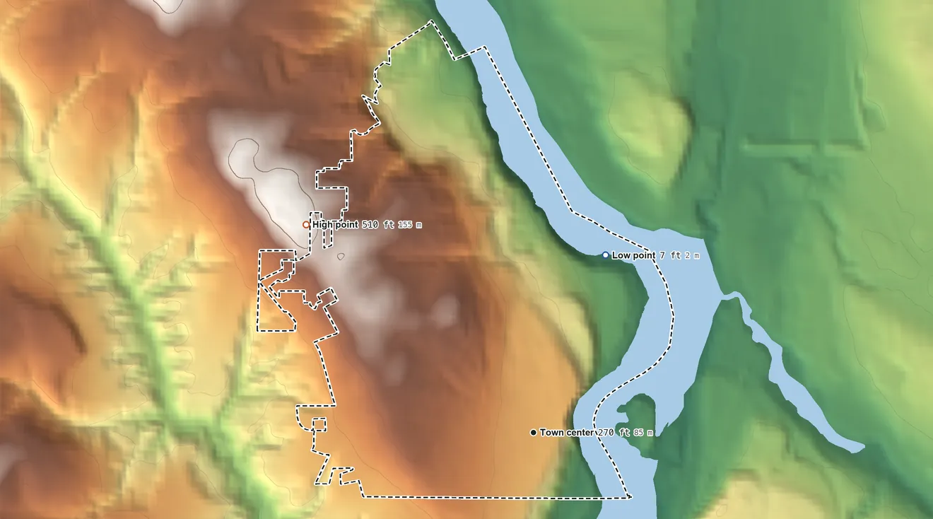 Topographic elevation map of Dunthorpe, Oregon, shaded from 7 ft on the north side to 510 ft on the northwest side
