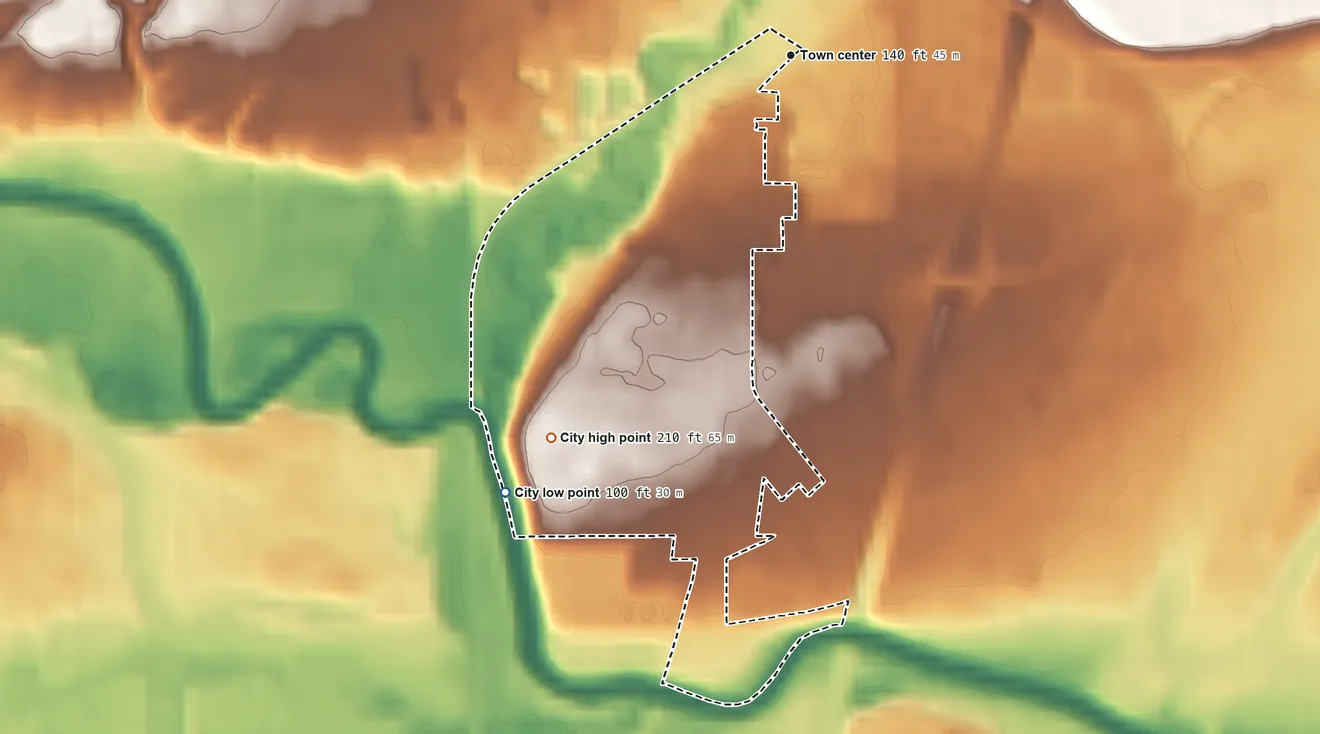 Topographic elevation map of Durham, Oregon, shaded from 100 ft on the southwest side to 210 ft on the southwest side