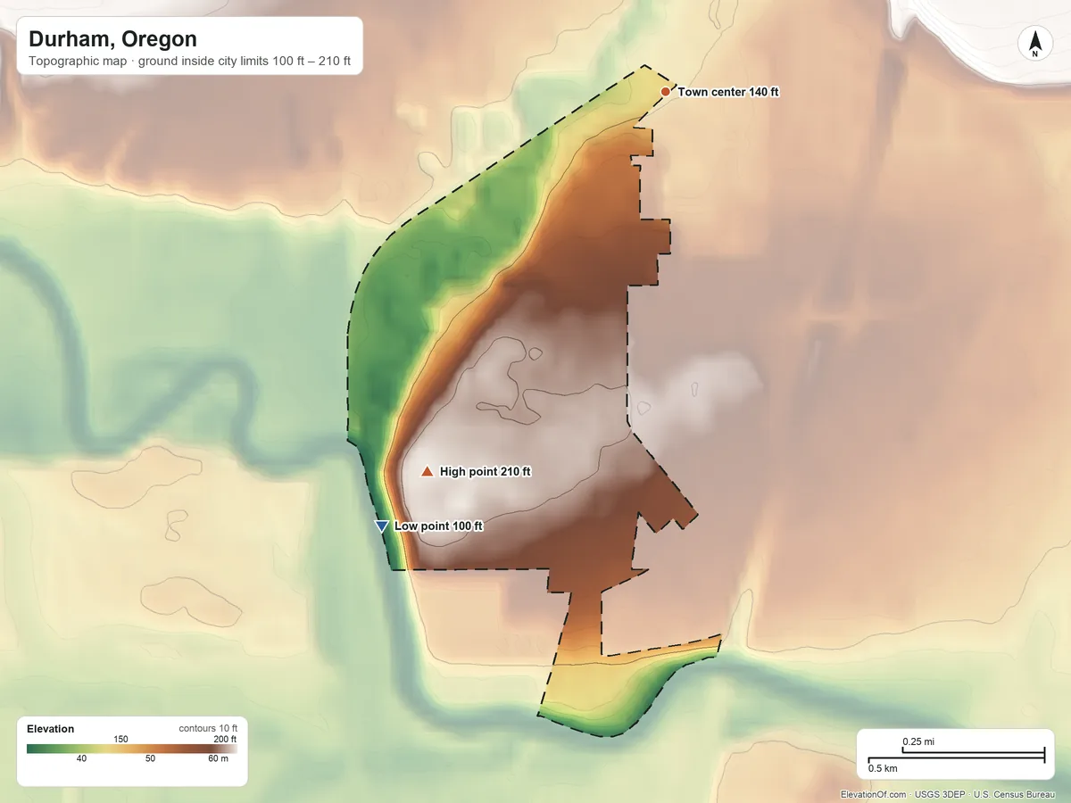 Topographic elevation map of Durham, Oregon, shaded from 100 ft on the southwest side to 210 ft on the southwest side