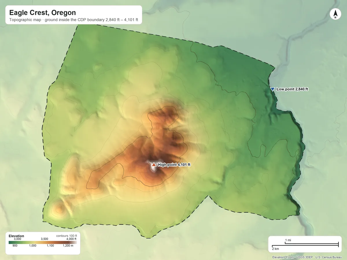 Topographic elevation map of Eagle Crest, Oregon, shaded from 2,840 ft on the east side to 4,101 ft on Cline Buttes