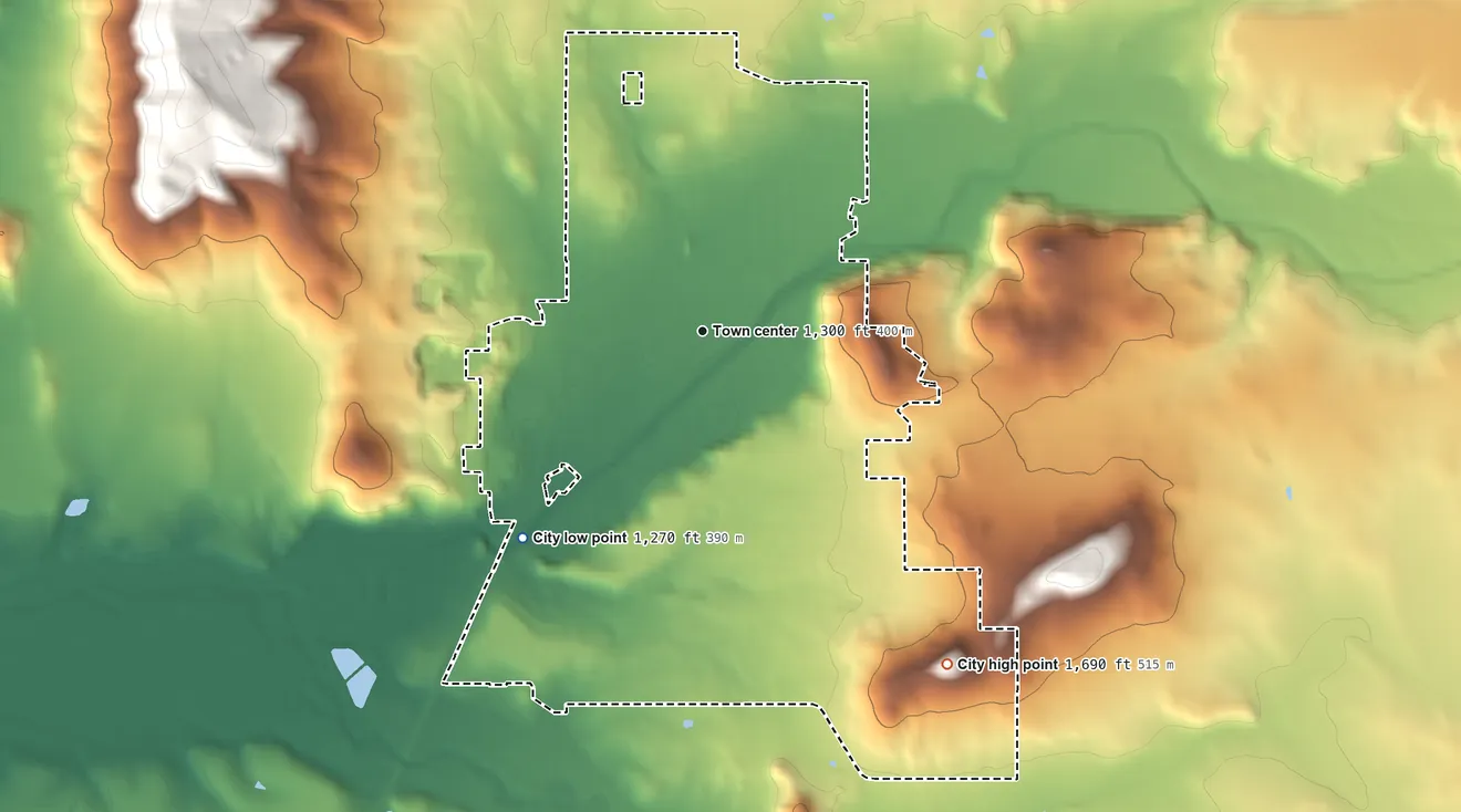 Topographic elevation map of Eagle Point, Oregon, shaded from 1,270 ft on the southwest side to 1,690 ft on the southeast side