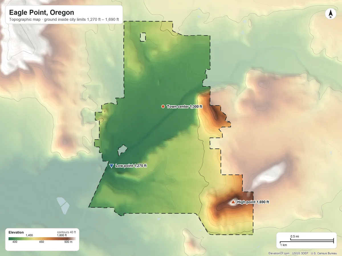 Topographic elevation map of Eagle Point, Oregon, shaded from 1,270 ft on the southwest side to 1,690 ft on the southeast side