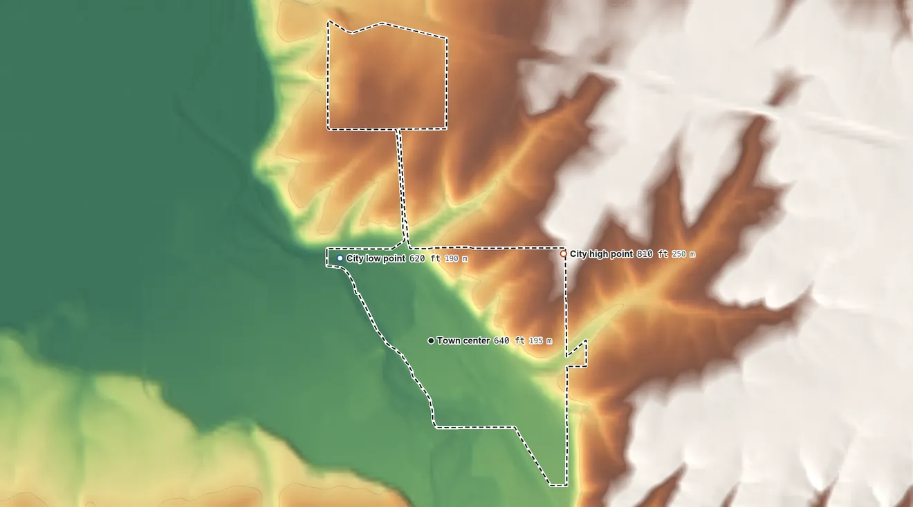 Topographic elevation map of Echo, Oregon, shaded from 620 ft on the northwest side to 810 ft on the northeast side