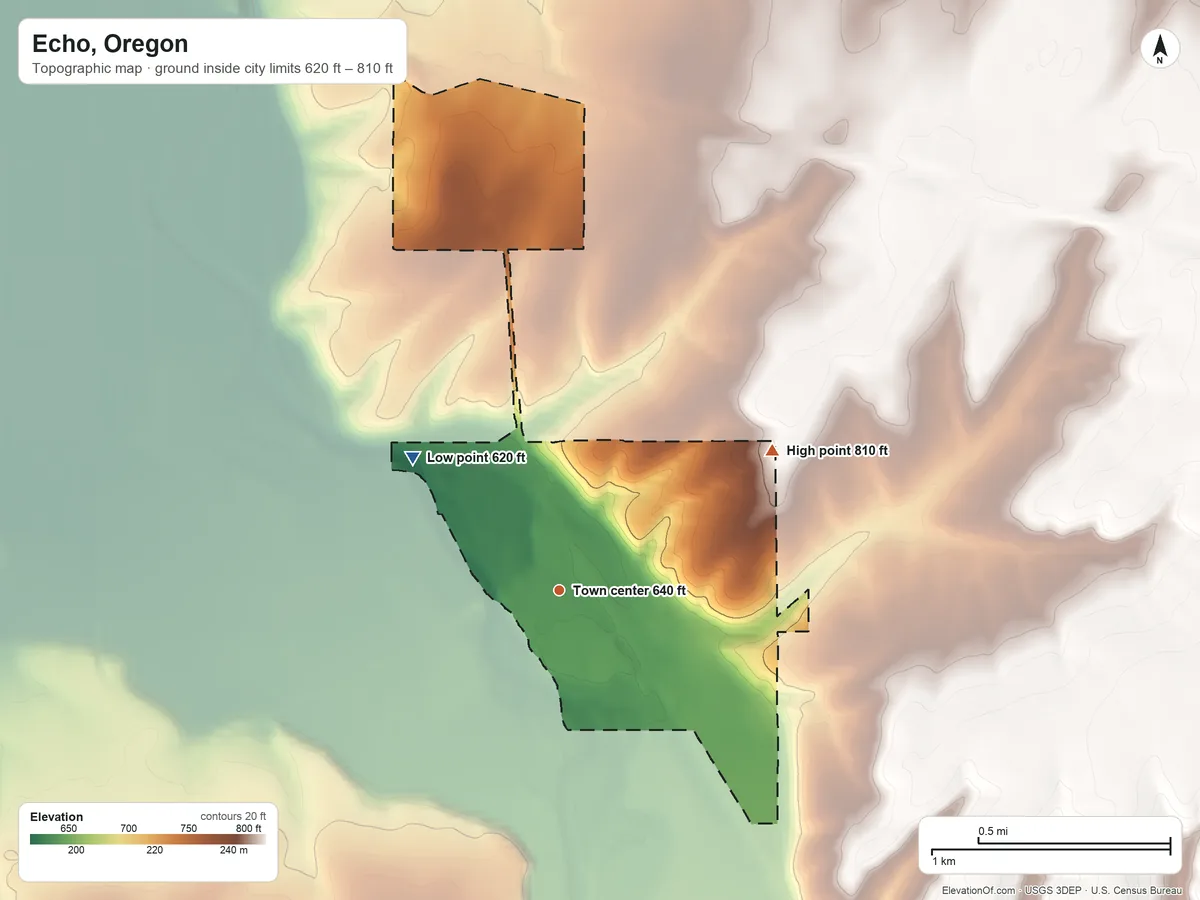Topographic elevation map of Echo, Oregon, shaded from 620 ft on the northwest side to 810 ft on the northeast side