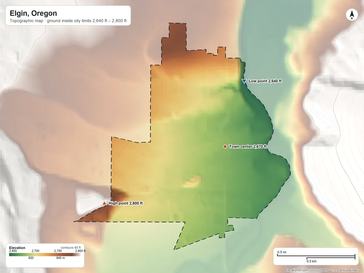 Topographic elevation map of Elgin, Oregon, shaded from 2,640 ft on the north side to 2,800 ft at the foot of the Blue Mountains