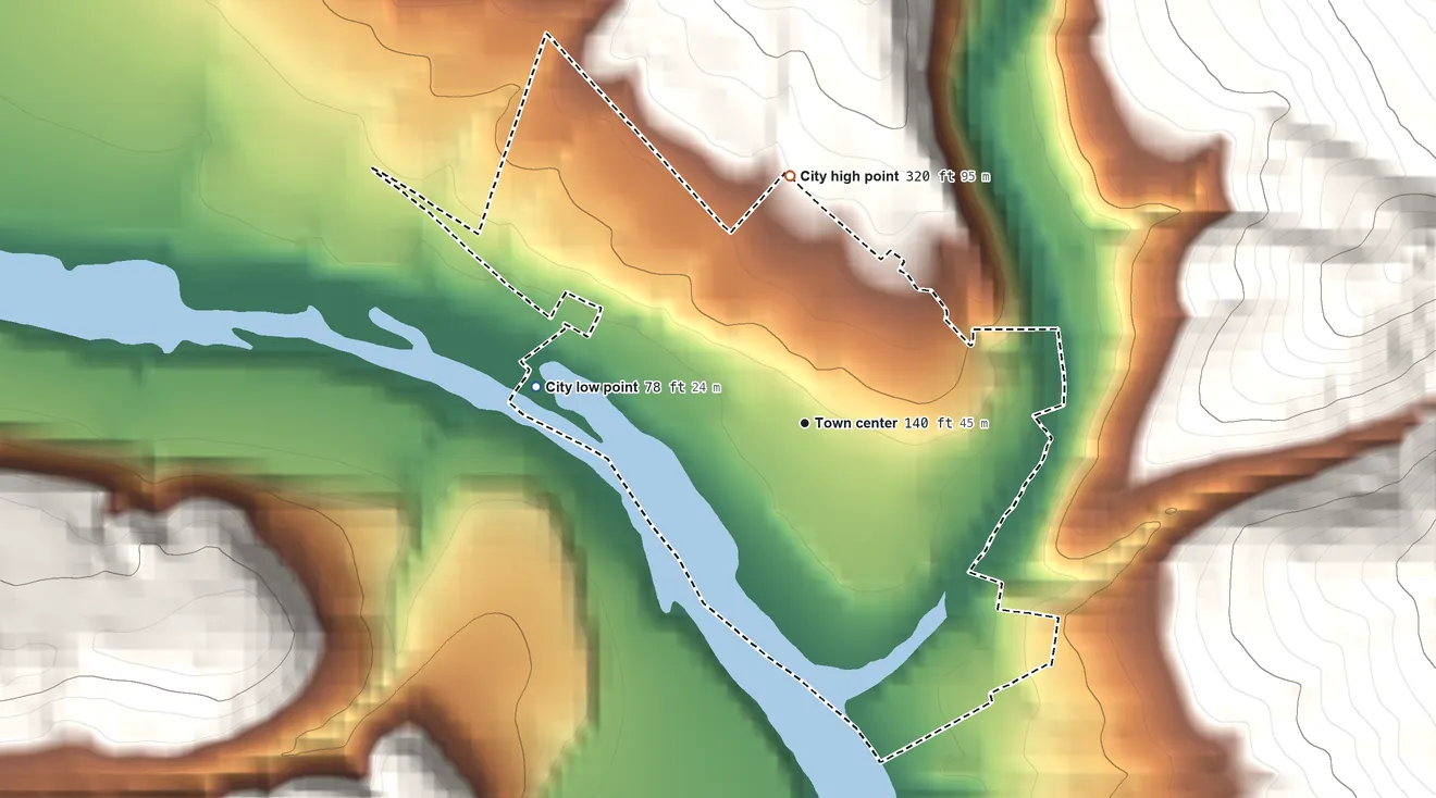 Topographic elevation map of Elkton, Oregon, shaded from 78 ft on the west side to 320 ft on the north edge, below higher ground just outside