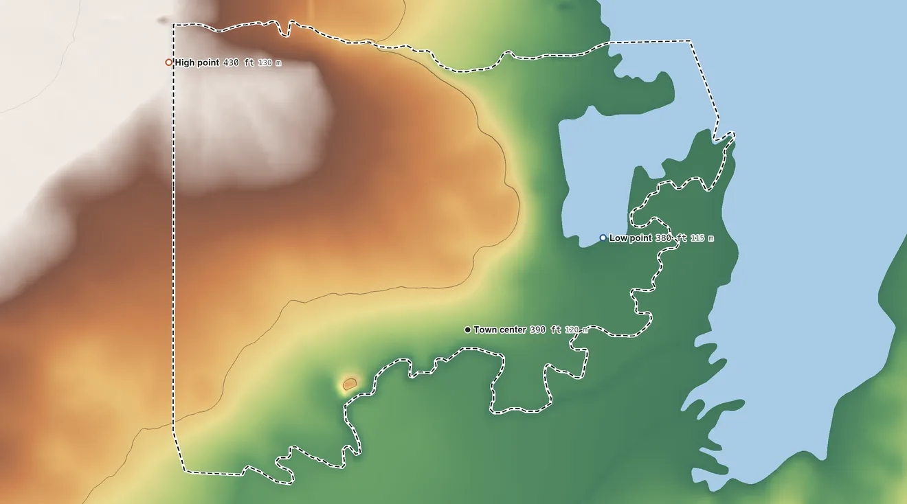 Topographic elevation map of Elmira, Oregon, shaded from 380 ft on the northeast side to 430 ft on the northwest edge, below higher ground just outside