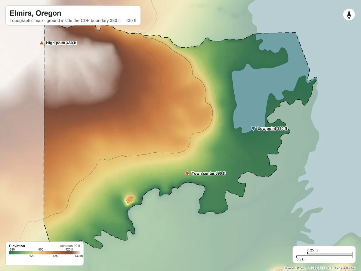 Topographic elevation map of Elmira, Oregon, shaded from 380 ft on the northeast side to 430 ft on the northwest edge, below higher ground just outside