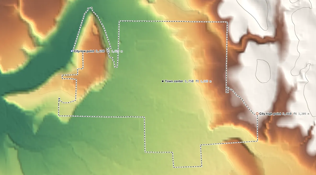 Topographic elevation map of Enterprise, Oregon, shaded from 3,690 ft on the west side to 3,960 ft on the east edge, below higher ground just outside
