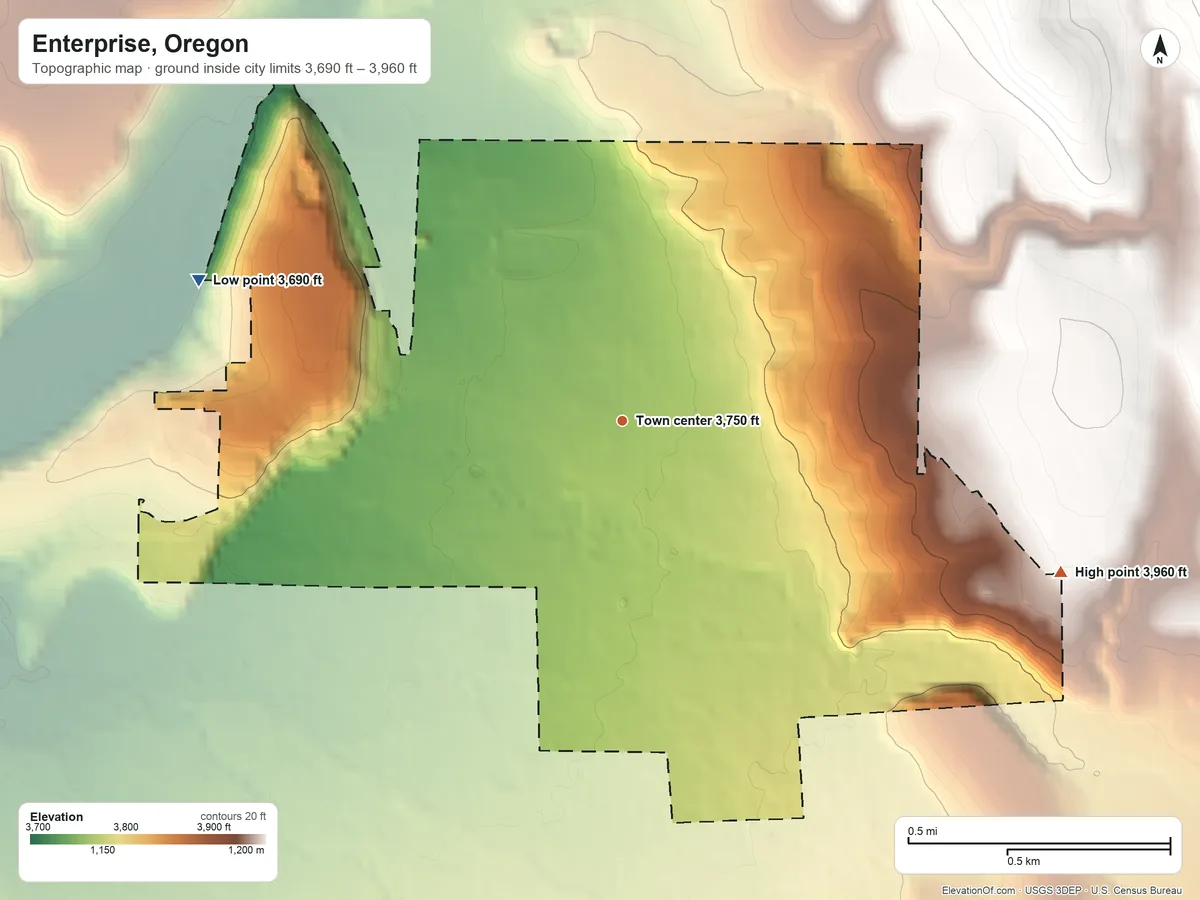 Topographic elevation map of Enterprise, Oregon, shaded from 3,690 ft on the west side to 3,960 ft on the east edge, below higher ground just outside