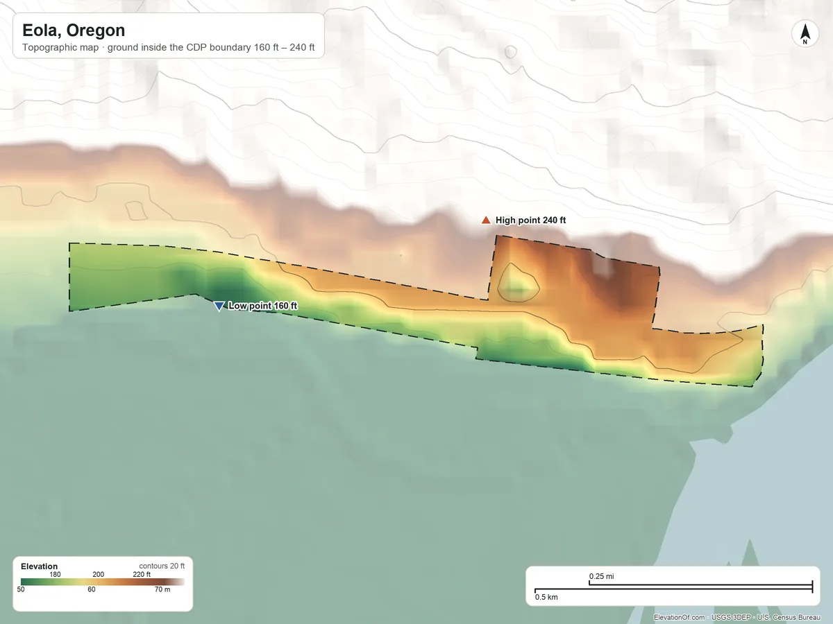 Topographic elevation map of Eola, Oregon, shaded from 160 ft on the east side to 240 ft at the foot of the Salem Hills