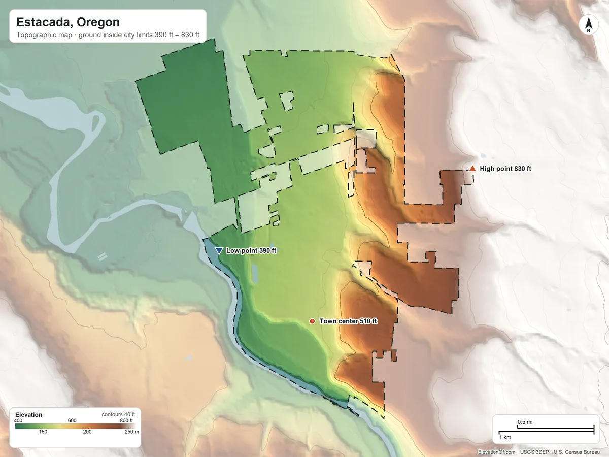 Topographic elevation map of Estacada, Oregon, shaded from 390 ft on the northwest side to 830 ft on the northeast side