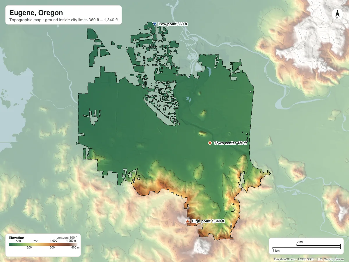 Topographic elevation map of Eugene, Oregon, shaded from 360 ft on the northwest side to 1,340 ft at the foot of the Coburg Hills