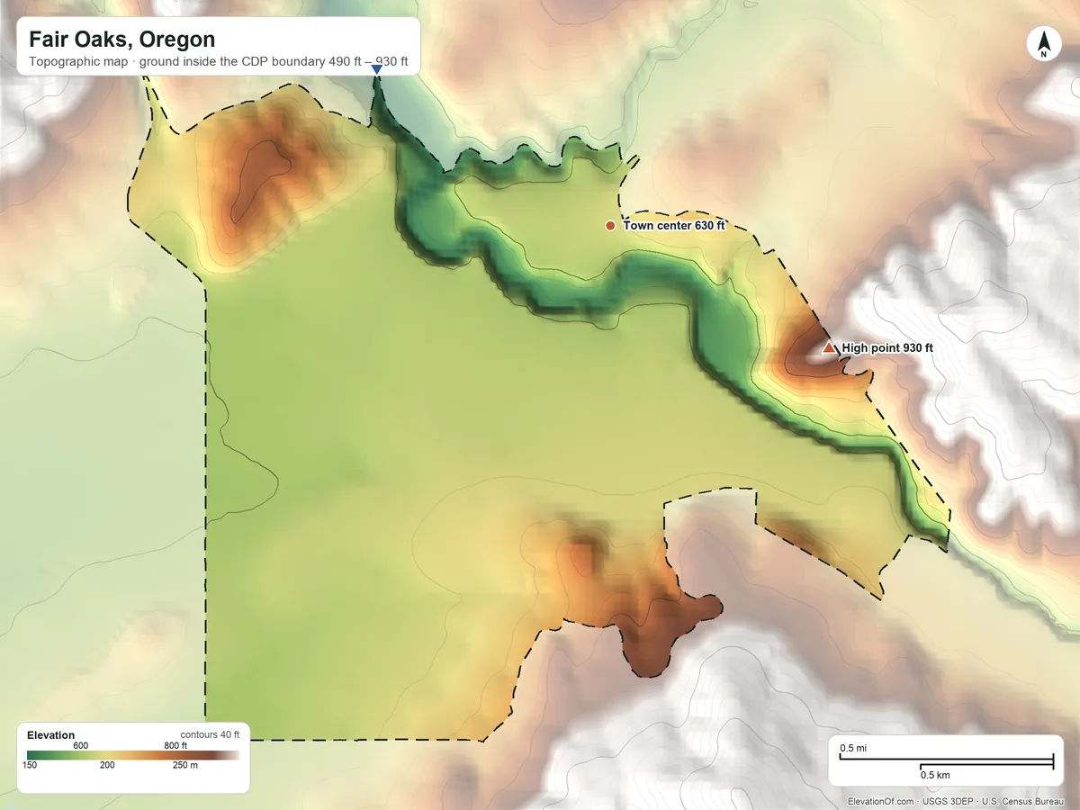 Topographic elevation map of Fair Oaks, Oregon, shaded from 490 ft on the northwest side to 930 ft on the southeast edge, below higher ground just outside