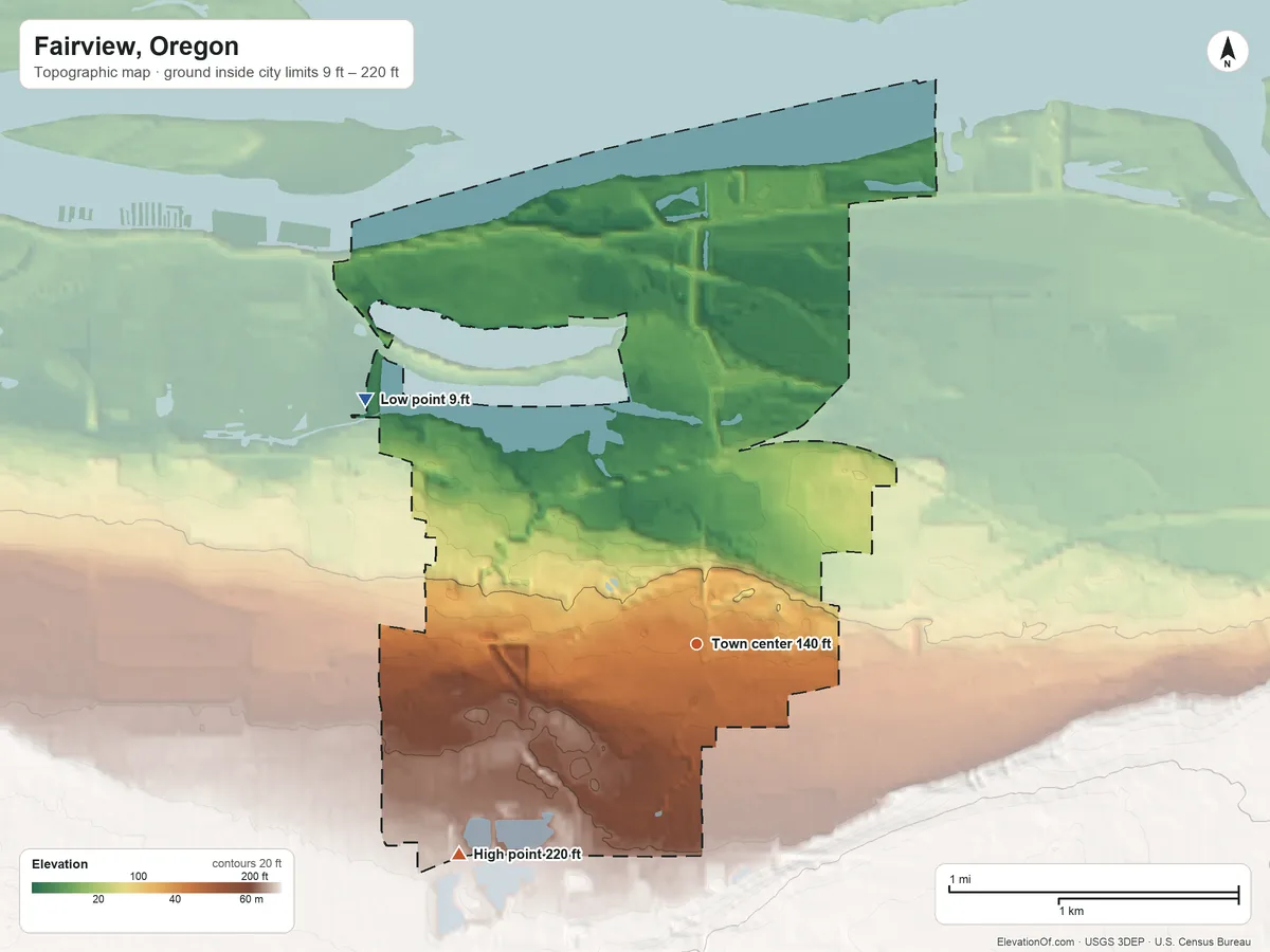 Topographic elevation map of Fairview, Oregon, shaded from 9 ft on the northwest side to 220 ft on the southwest side