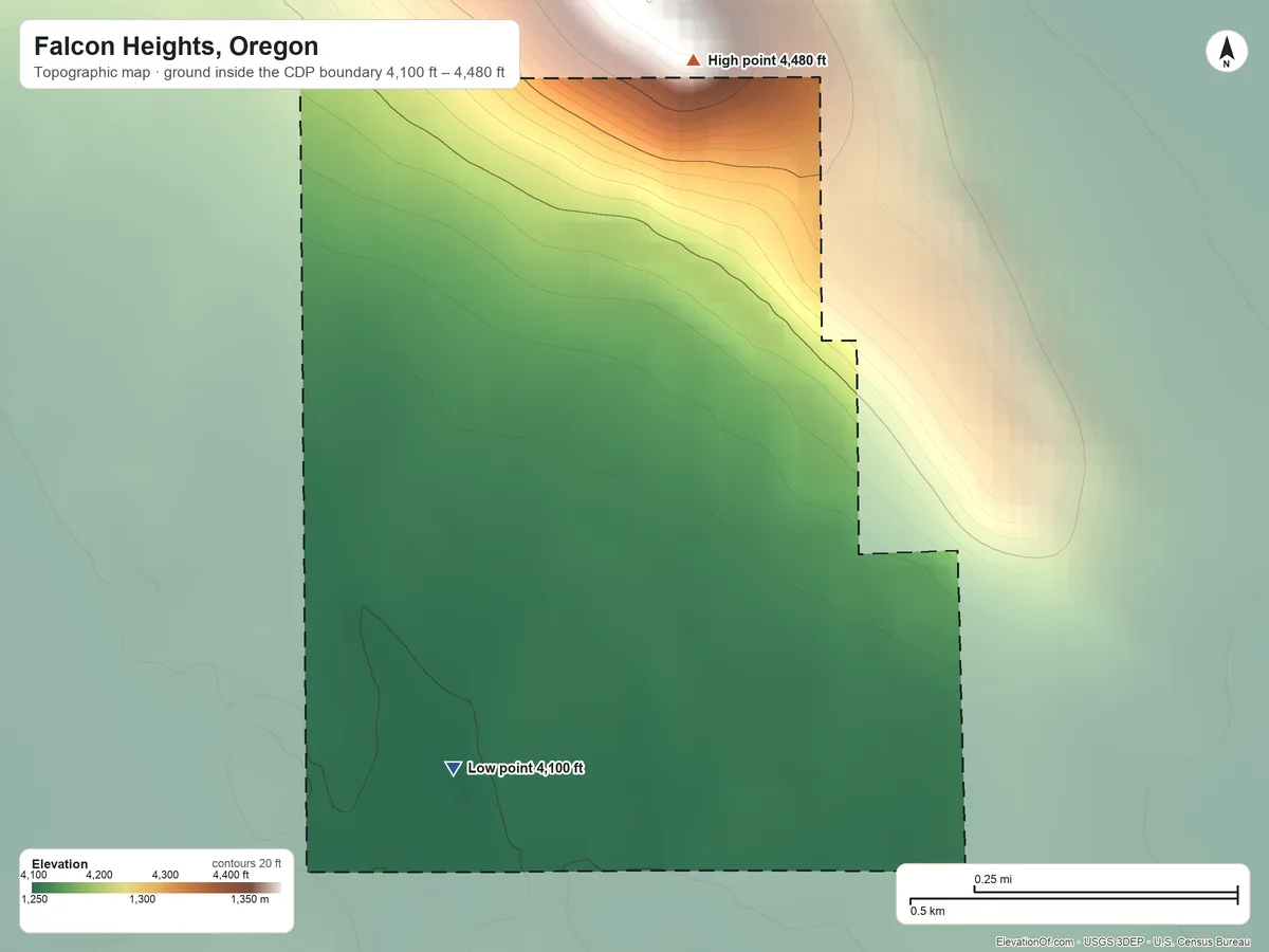 Topographic elevation map of Falcon Heights, Oregon, shaded from 4,100 ft on the southwest side to 4,480 ft on the north side
