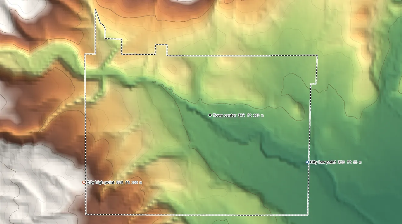 Topographic elevation map of Falls City, Oregon, shaded from 320 ft on the southeast side to 820 ft on the southwest edge, below higher ground just outside