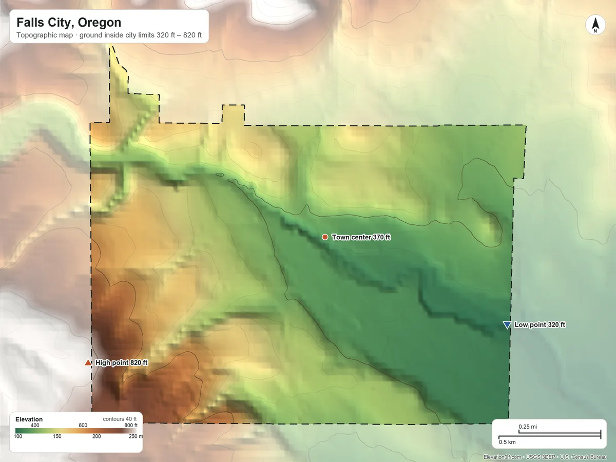 Topographic elevation map of Falls City, Oregon, shaded from 320 ft on the southeast side to 820 ft on the southwest edge, below higher ground just outside