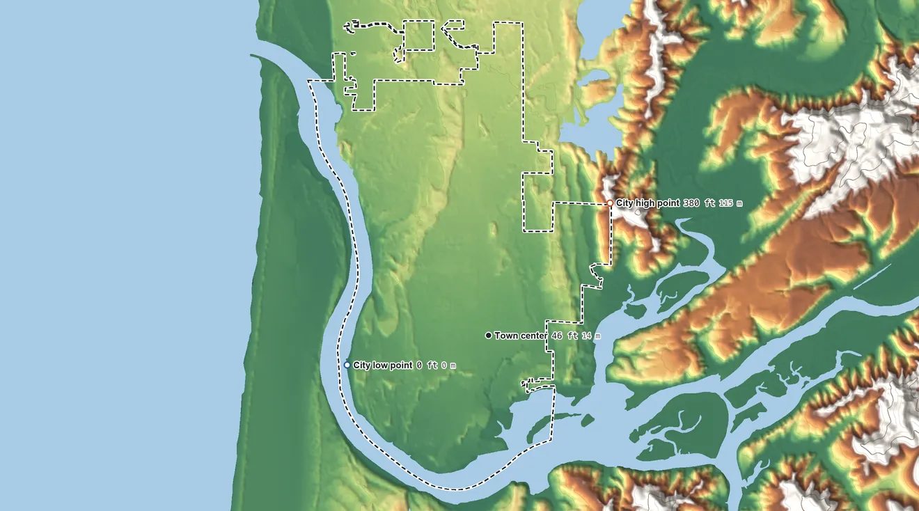 Topographic elevation map of Florence, Oregon, shaded from sea level level on the Pacific Ocean to 380 ft on the northeast side