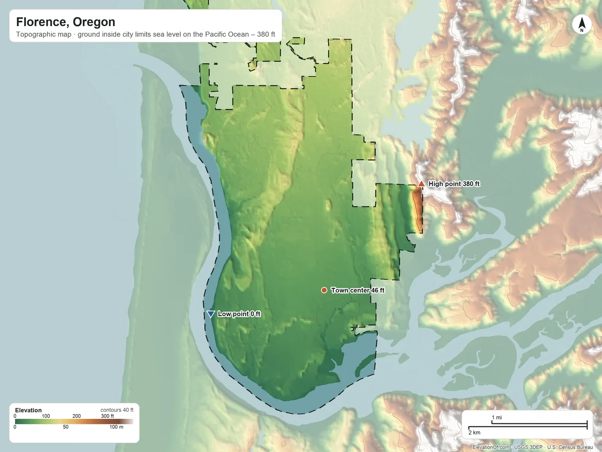 Topographic elevation map of Florence, Oregon, shaded from sea level level on the Pacific Ocean to 380 ft on the northeast side