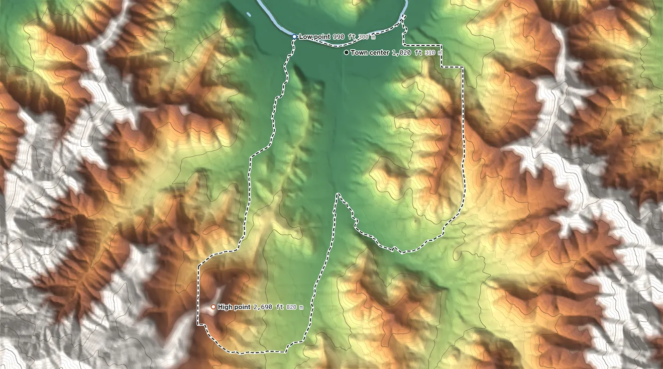 Topographic elevation map of Foots Creek, Oregon, shaded from 990 ft on the west side to 2,690 ft on the southwest edge, below higher ground just outside