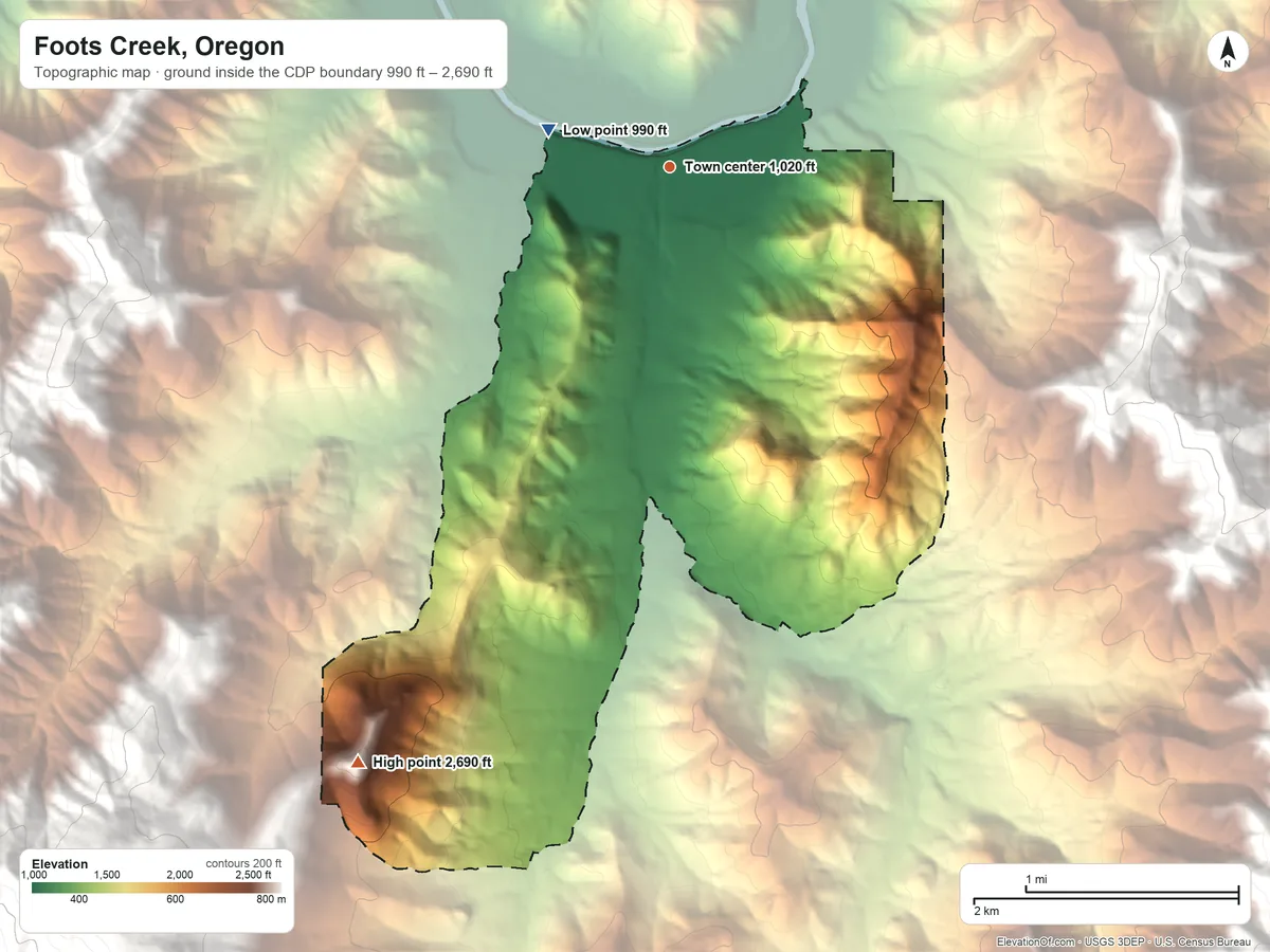 Topographic elevation map of Foots Creek, Oregon, shaded from 990 ft on the west side to 2,690 ft on the southwest edge, below higher ground just outside