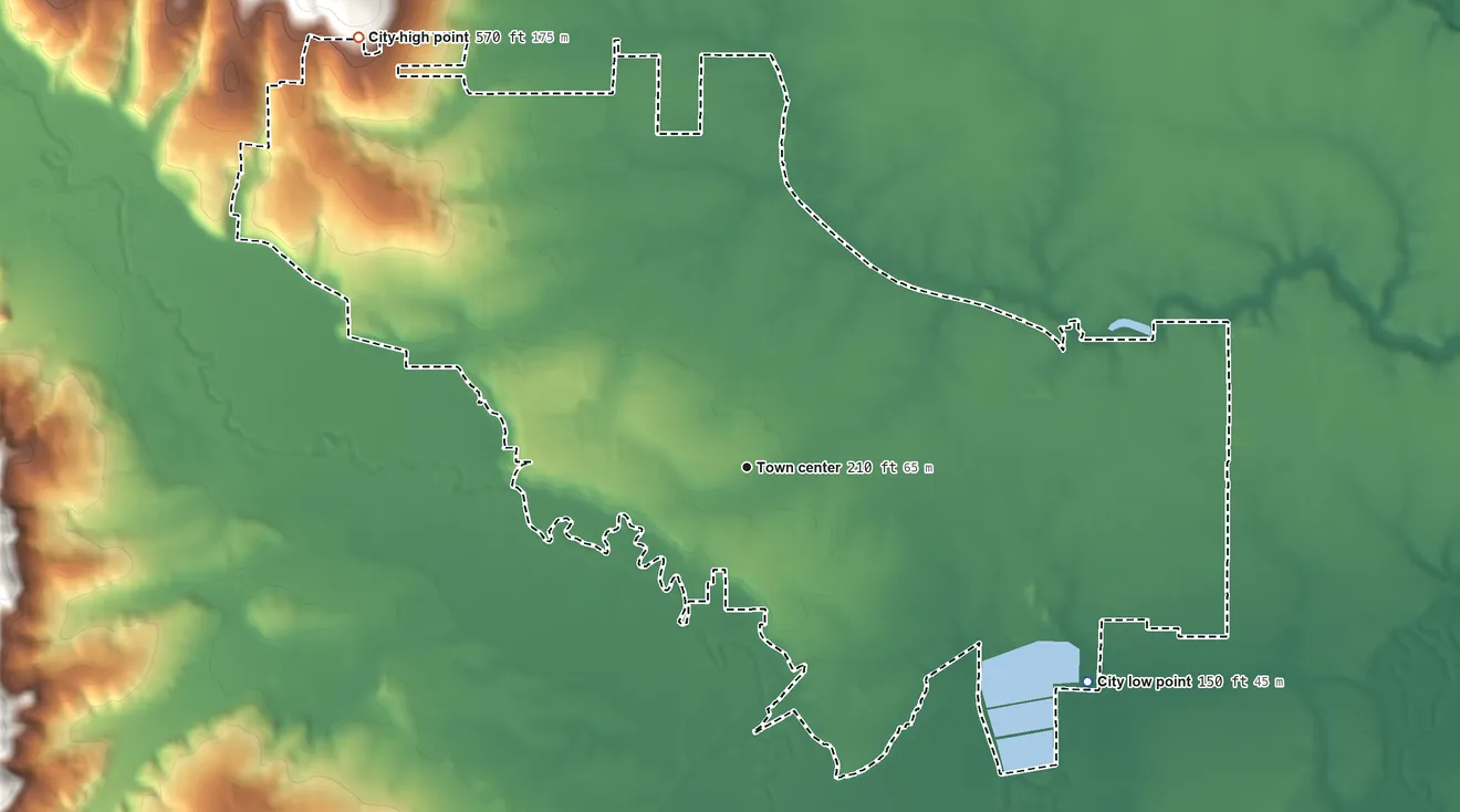 Topographic elevation map of Forest Grove, Oregon, shaded from 150 ft on the southeast side to 570 ft at the foot of the Tualatin Mountains