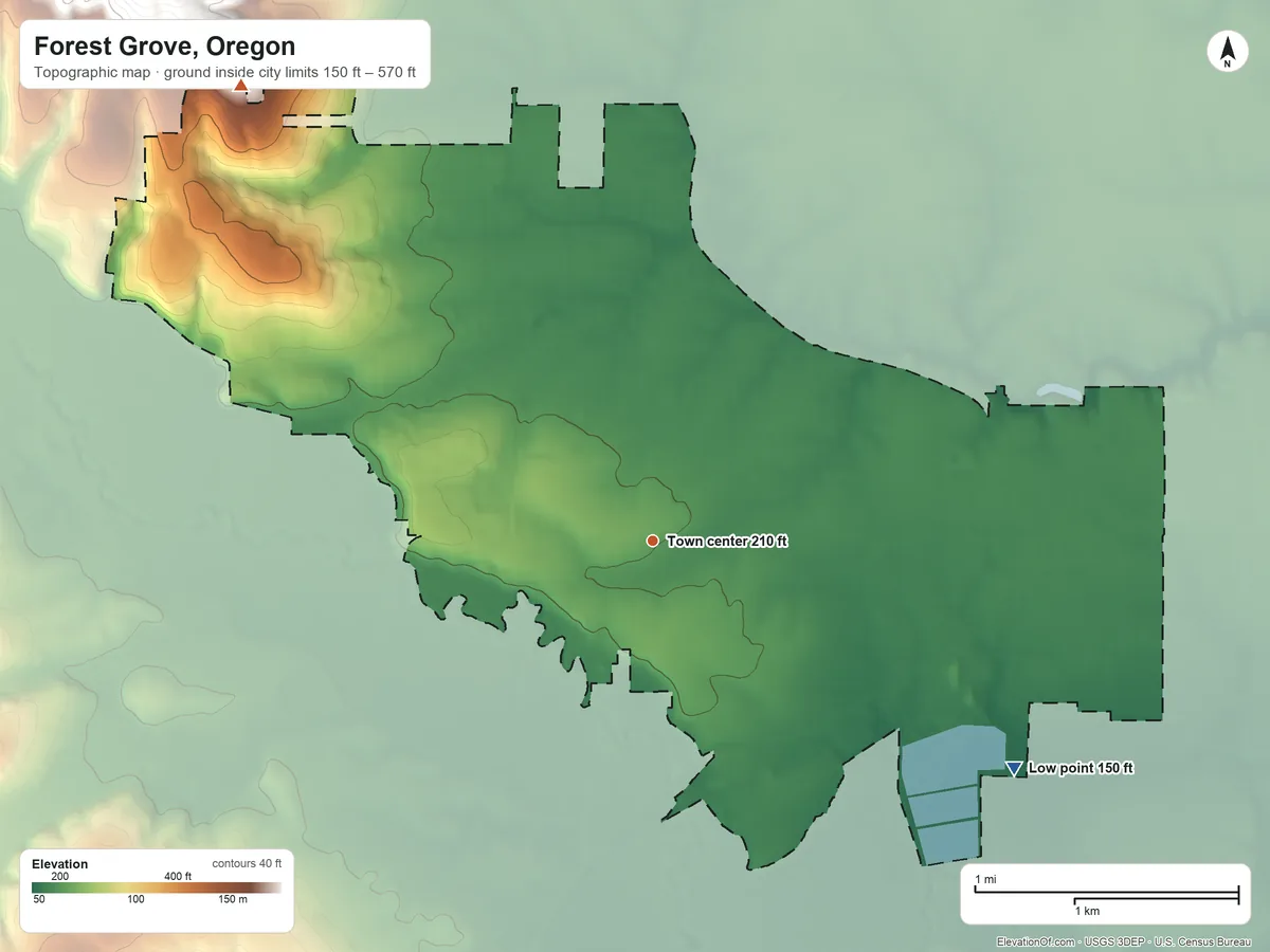 Topographic elevation map of Forest Grove, Oregon, shaded from 150 ft on the southeast side to 570 ft at the foot of the Tualatin Mountains