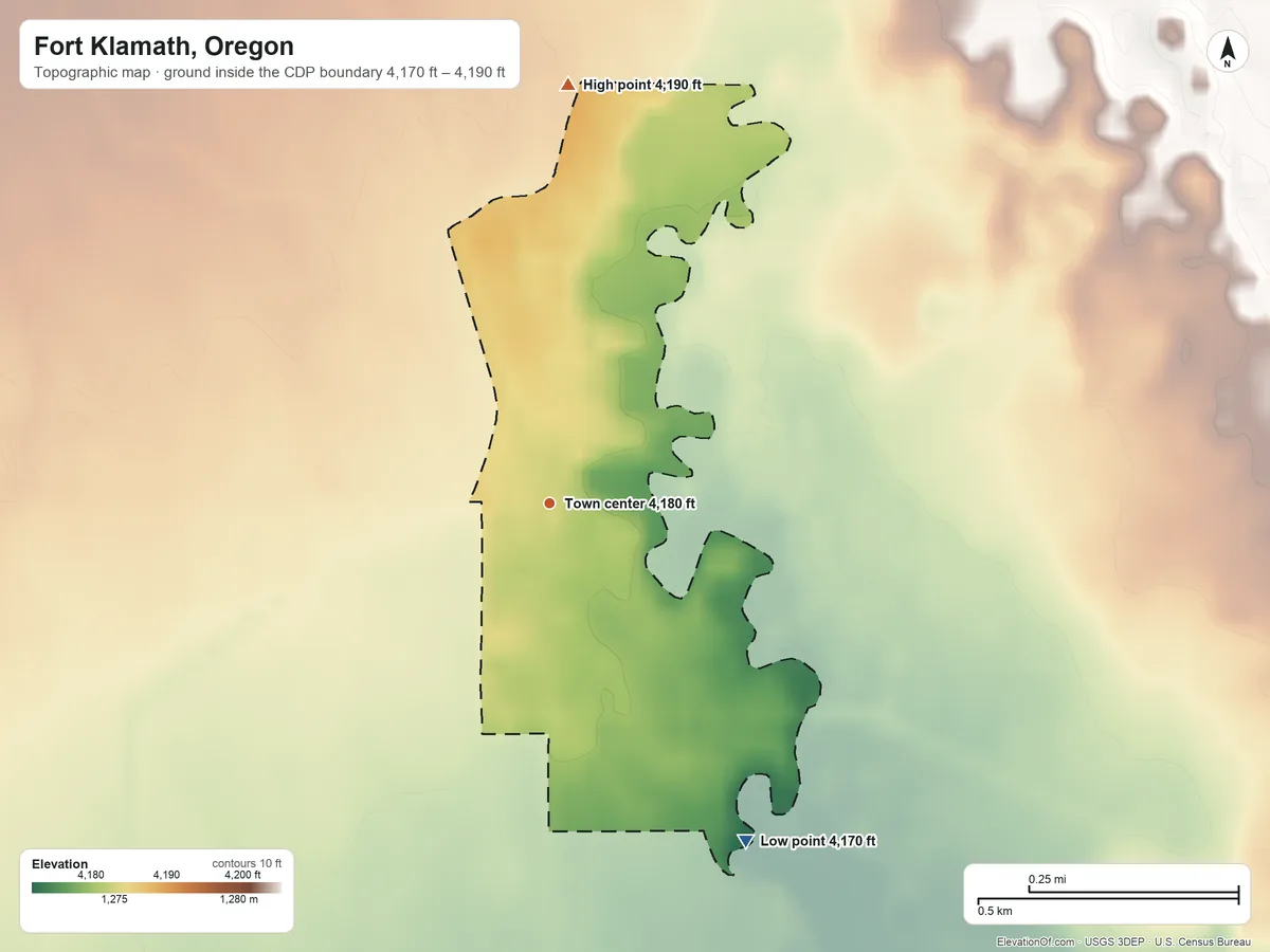 Topographic elevation map of Fort Klamath, Oregon, shaded from 4,170 ft on the southeast side to 4,190 ft on the north edge, below higher ground just outside
