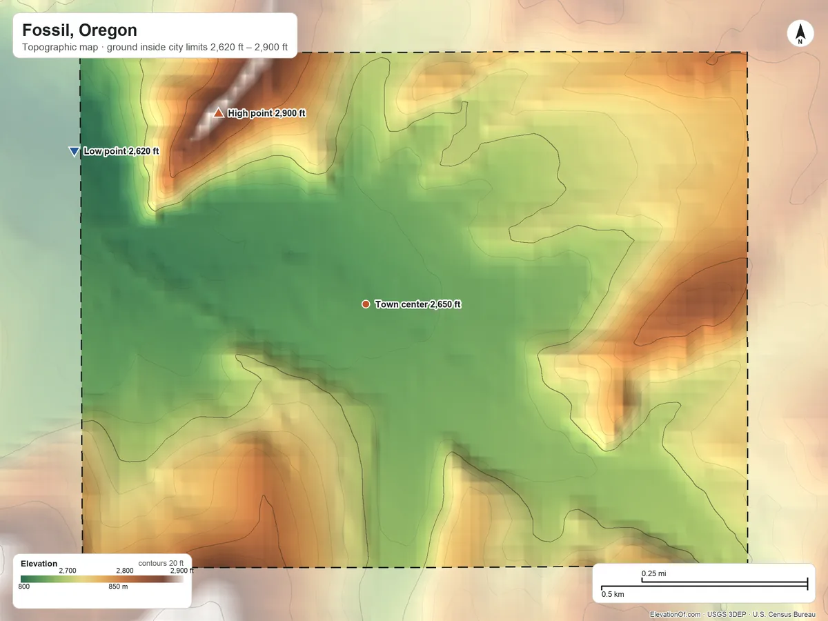 Topographic elevation map of Fossil, Oregon, shaded from 2,620 ft on the northwest side to 2,900 ft on the northwest edge, below higher ground just outside