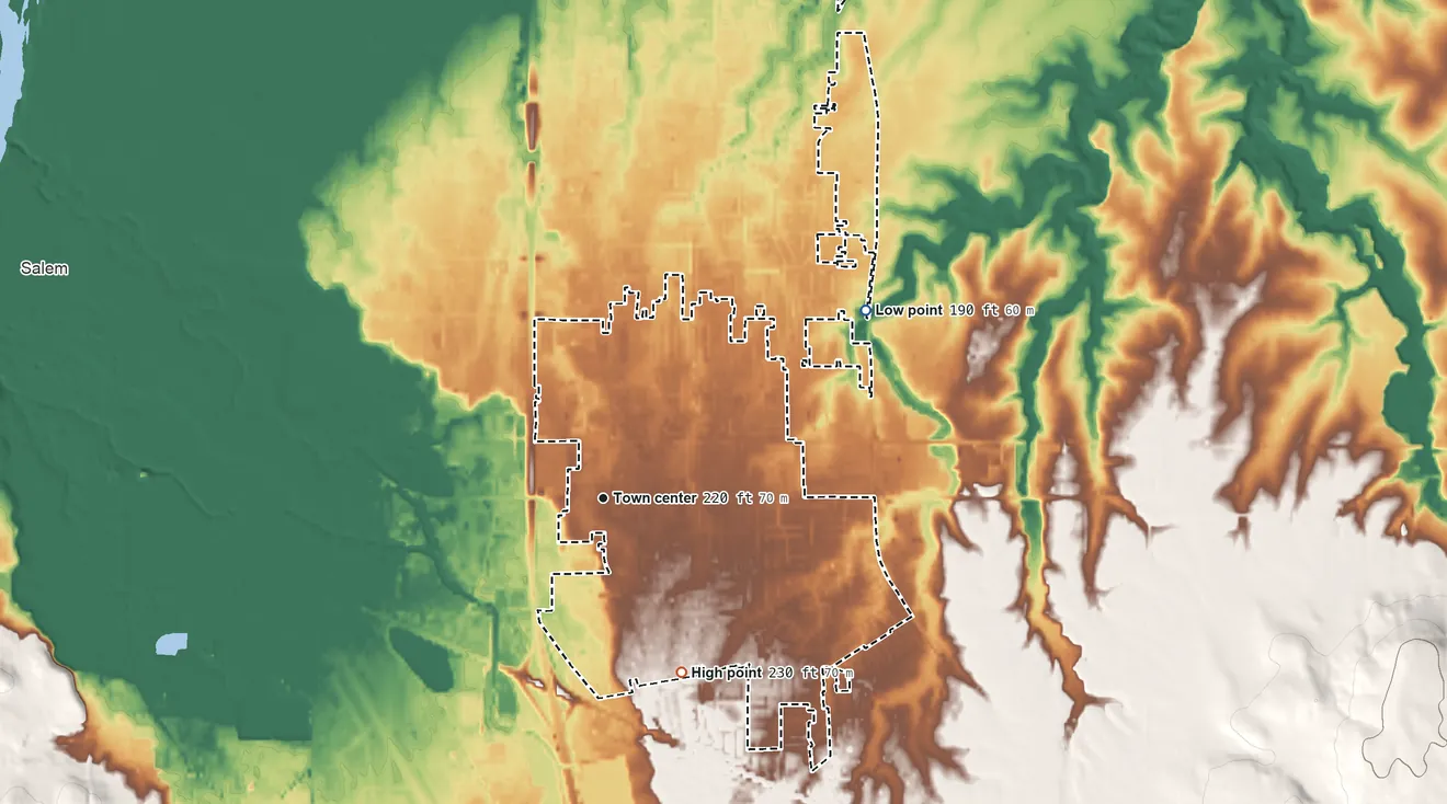 Topographic elevation map of Four Corners, Oregon, shaded from 190 ft on the northeast side to 230 ft on the southeast side
