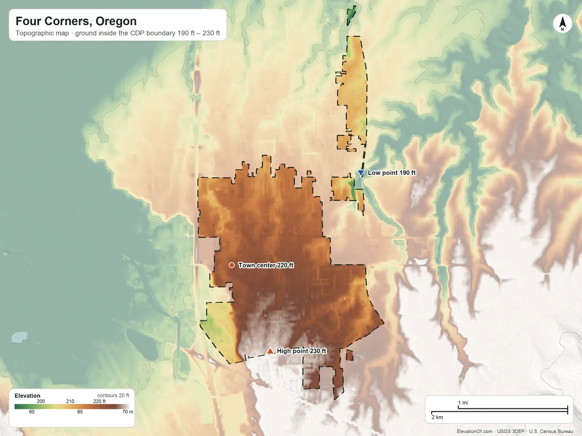 Topographic elevation map of Four Corners, Oregon, shaded from 190 ft on the northeast side to 230 ft on the southeast side