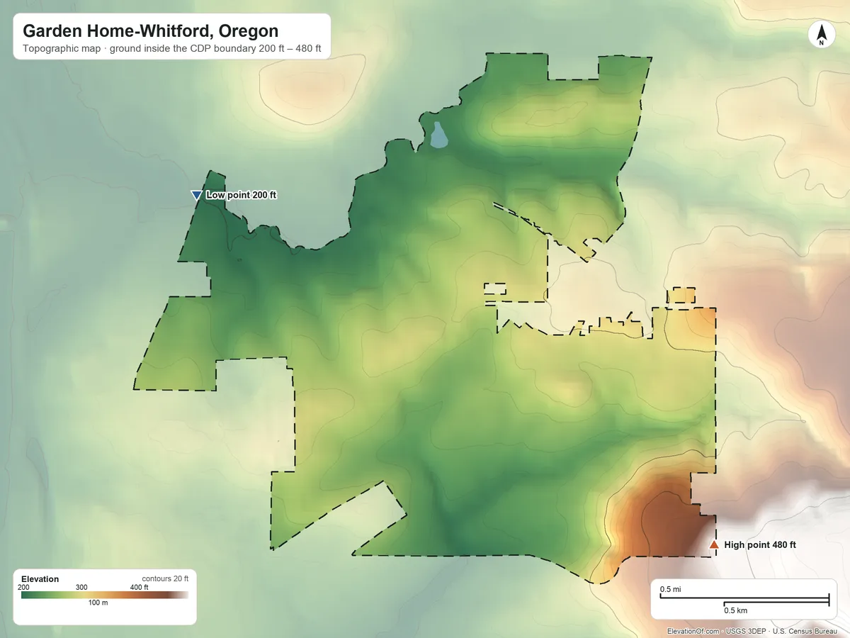 Topographic elevation map of Garden Home-Whitford, Oregon, shaded from 200 ft on the northwest side to 480 ft at the foot of the Chehalem Mountains