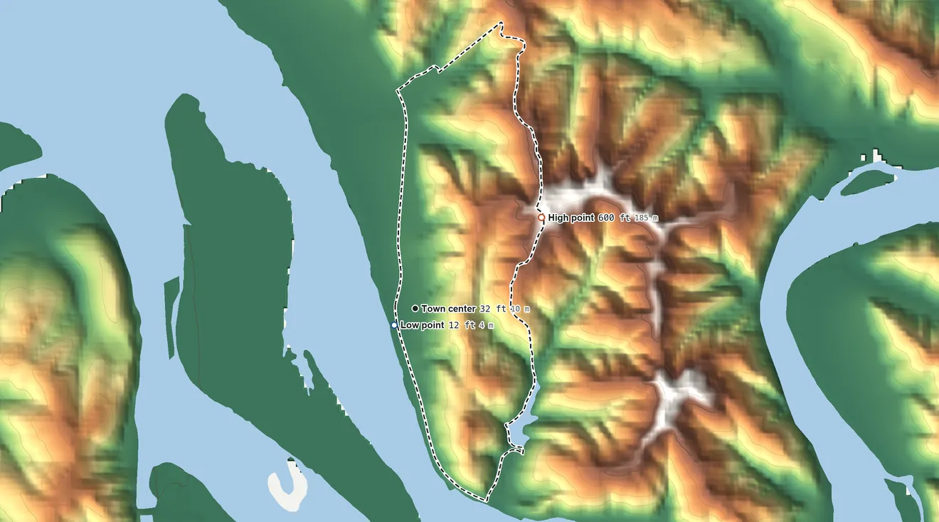 Topographic elevation map of Gardiner, Oregon, shaded from 12 ft near the middle to 600 ft on the northeast side