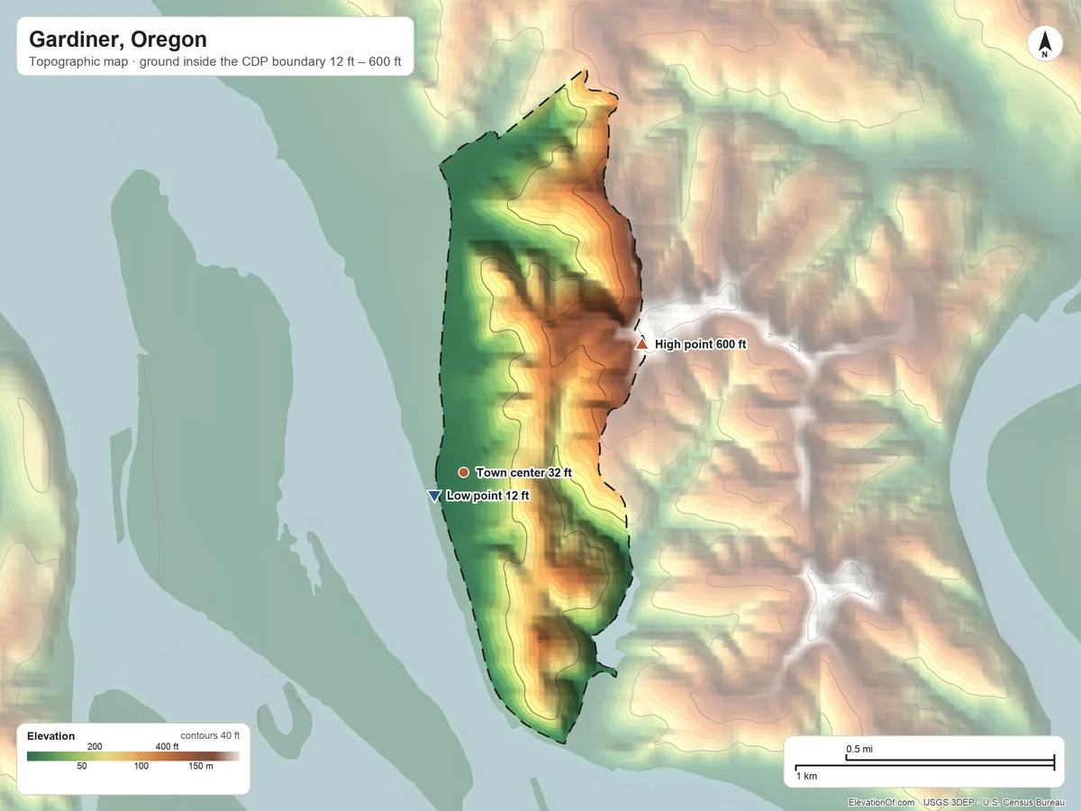 Topographic elevation map of Gardiner, Oregon, shaded from 12 ft near the middle to 600 ft on the northeast side