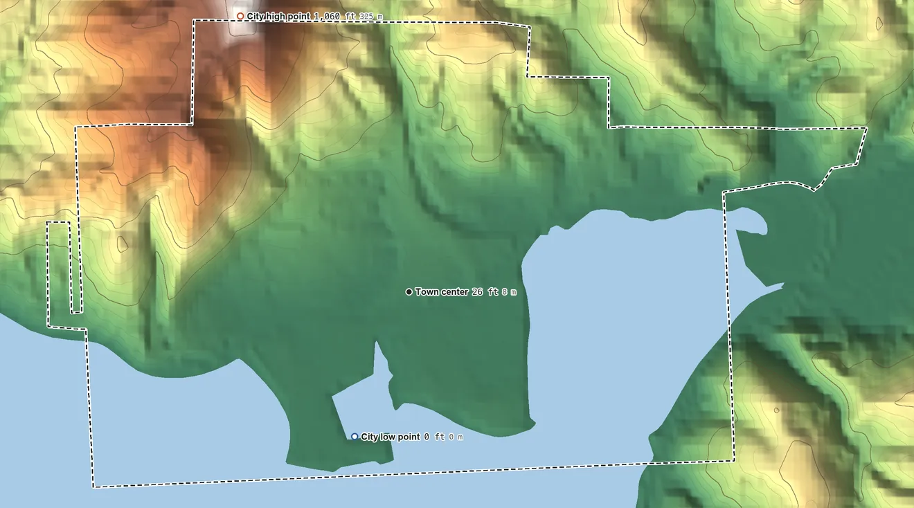 Topographic elevation map of Garibaldi, Oregon, shaded from sea level level on Tillamook Bay to 1,060 ft on the northwest edge, below higher ground just outside