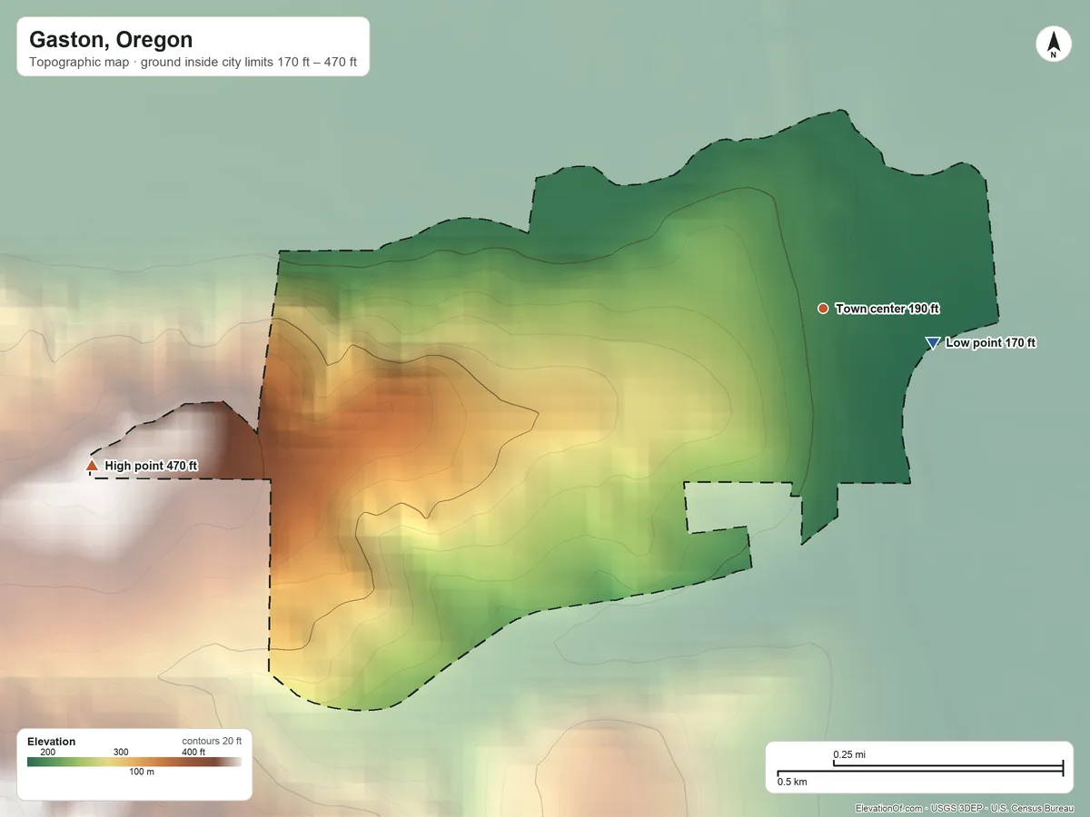 Topographic elevation map of Gaston, Oregon, shaded from 170 ft on the east side to 470 ft at the foot of the Chehalem Mountains