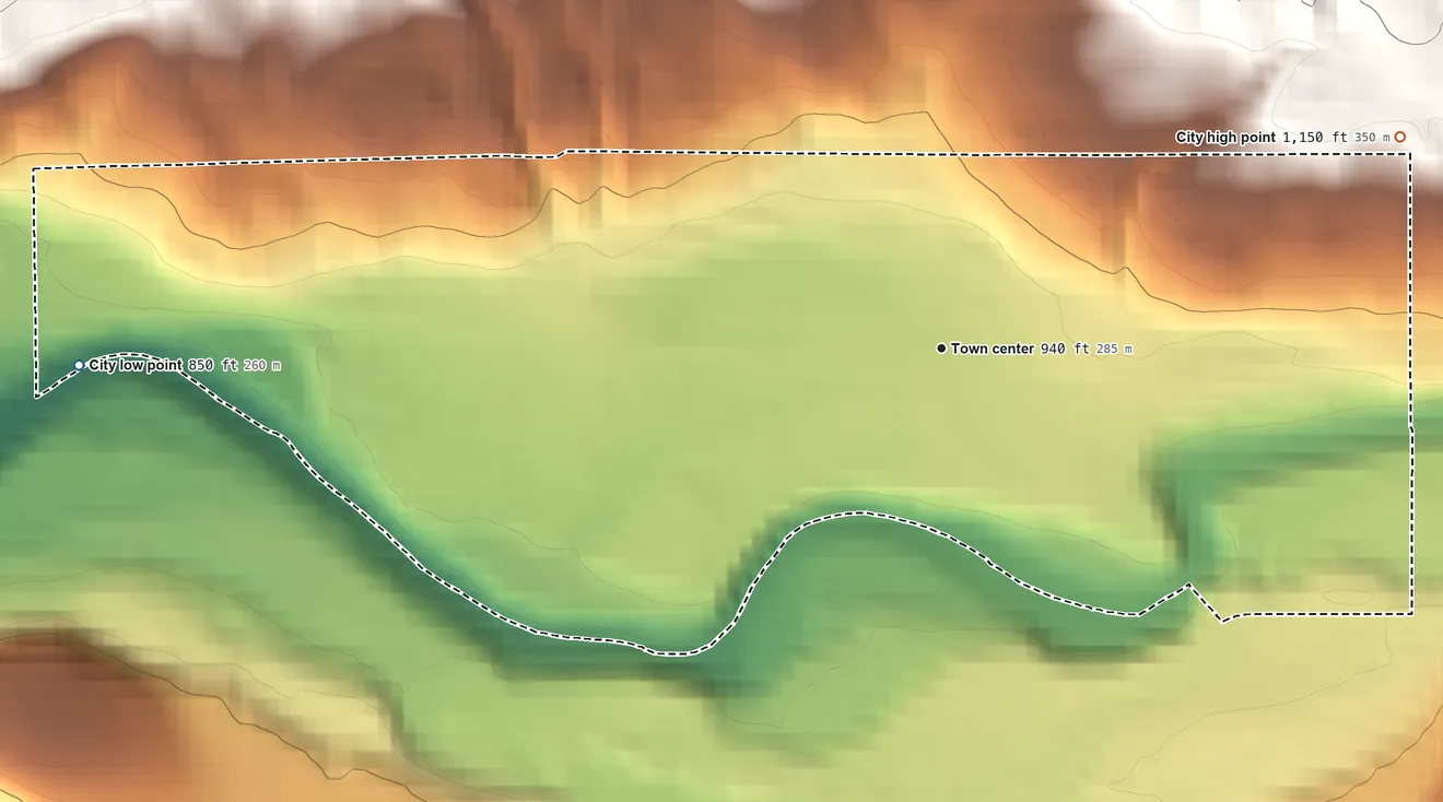 Topographic elevation map of Gates, Oregon, shaded from 850 ft on the west side to 1,150 ft on the northeast edge, below higher ground just outside