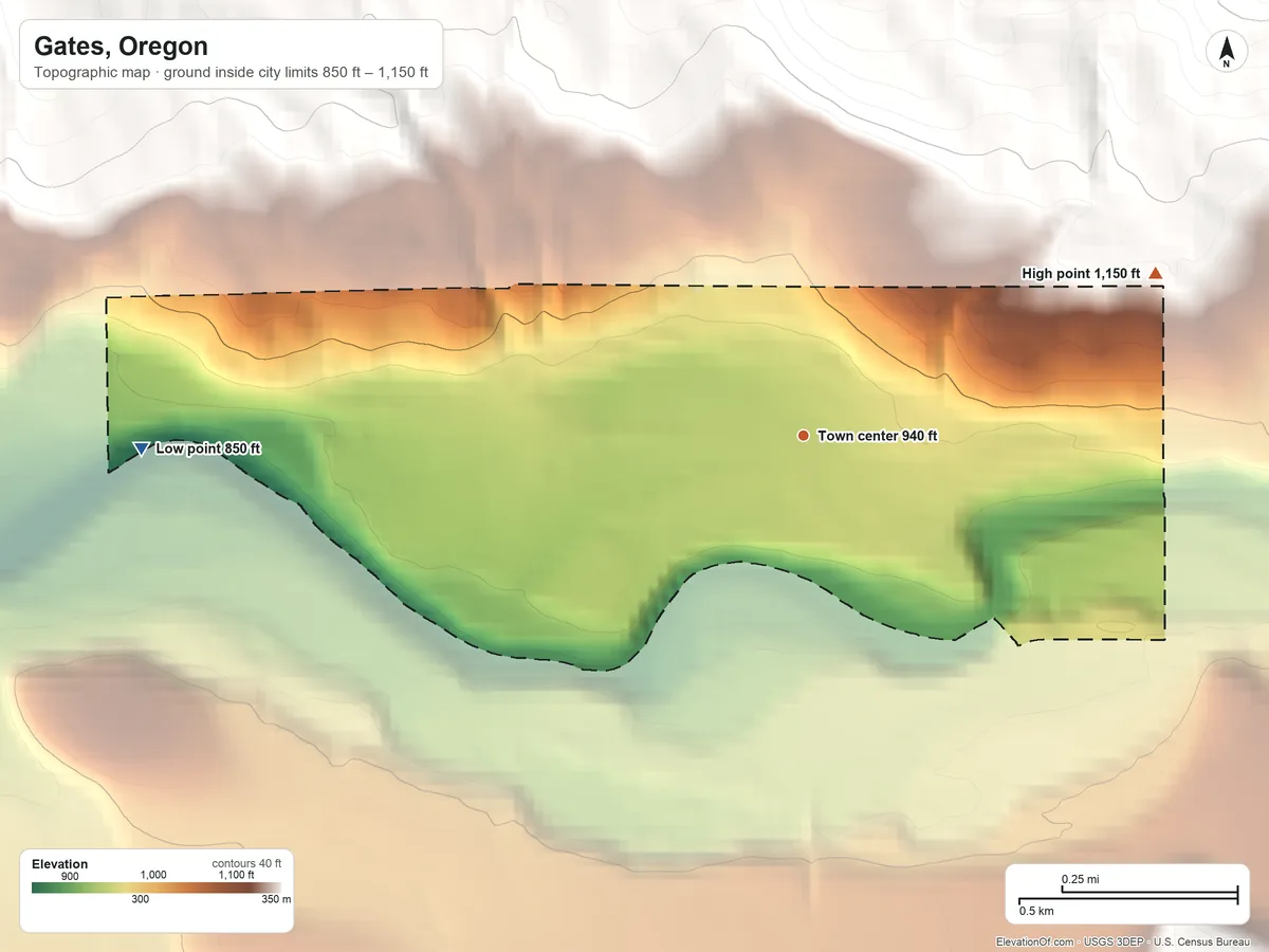 Topographic elevation map of Gates, Oregon, shaded from 850 ft on the west side to 1,150 ft on the northeast edge, below higher ground just outside
