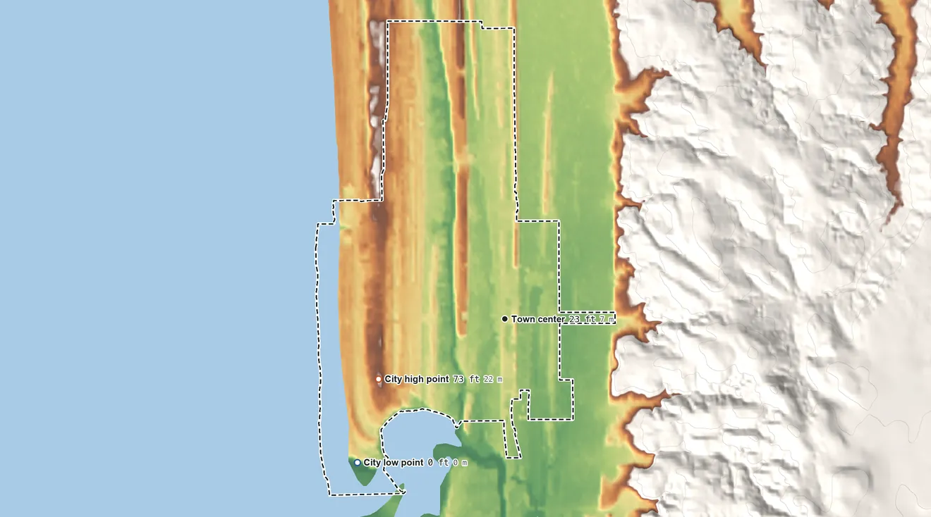Topographic elevation map of Gearhart, Oregon, shaded from sea level level on the Pacific Ocean to 73 ft on the southwest edge, below higher ground just outside